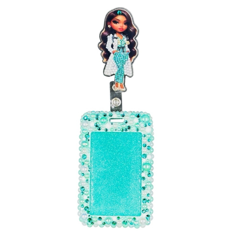 Bling Pearl Fashion Work Name Badge ID Card Holder & Retractable Reel Clip Teal